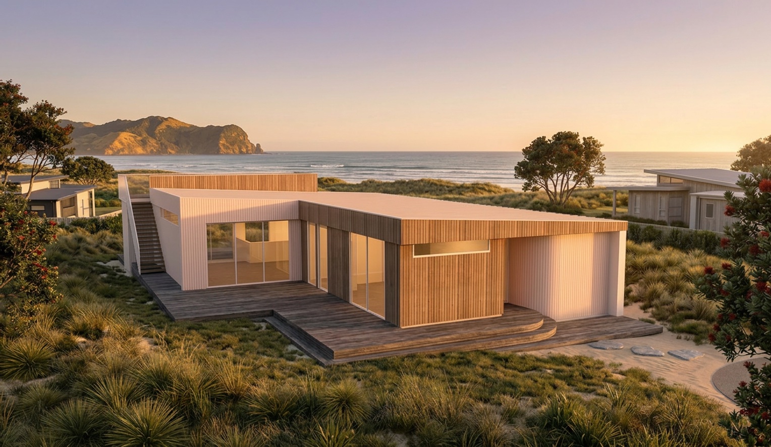Bambury Bach at sunset — a Bach Projects build at Onemana